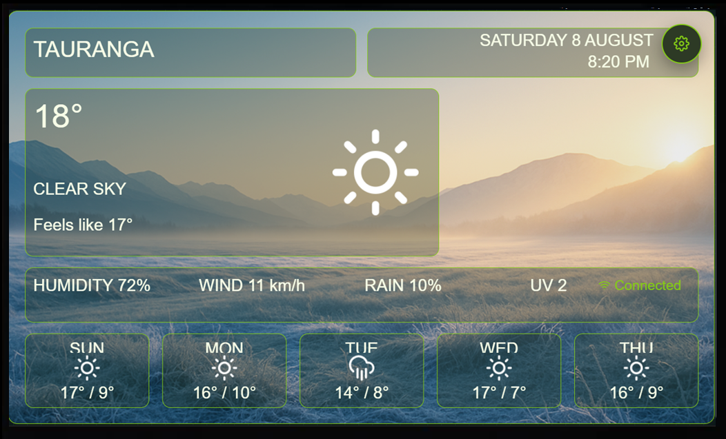 Live Weather on the physical ESP32-P4 using the Military Green theme